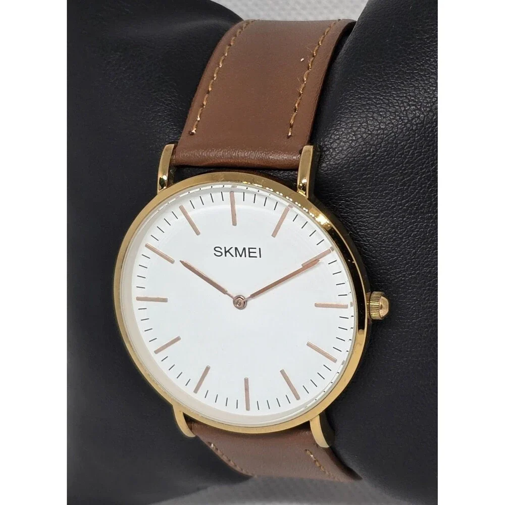 Mens Skmei Classic Dress Round Gold Tone Case White Dial Brown Strap Watch 13 - Picture 2 of 9